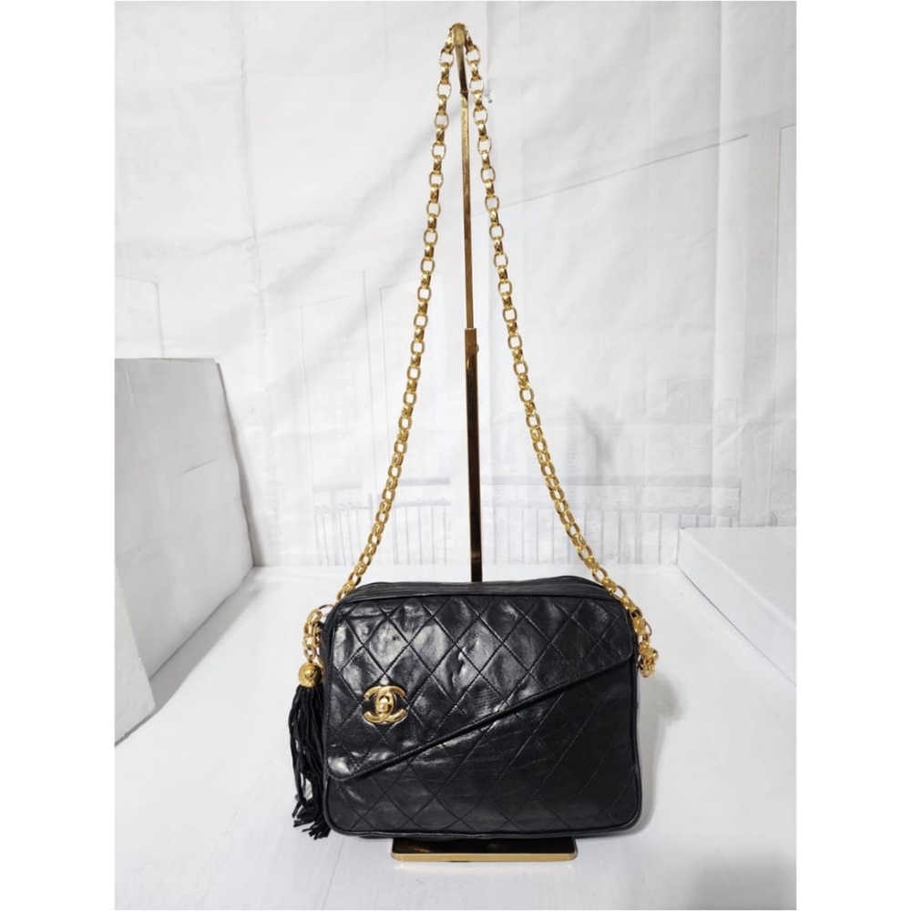 Authentic CHANEL Vintage Lambskin Quilted Flap Tassel Shoulder Bag Black